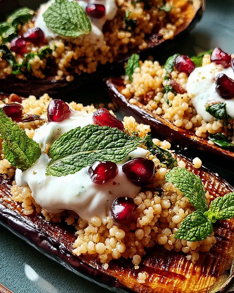 Auberginen mit Dattel-Mandel-Couscous und Minze