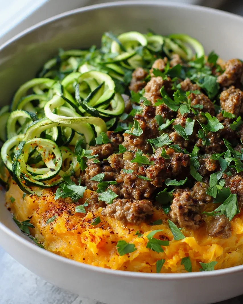 Blitzschnelle Low Carb Süßkartoffel Hackfleisch Zucchini Bowl