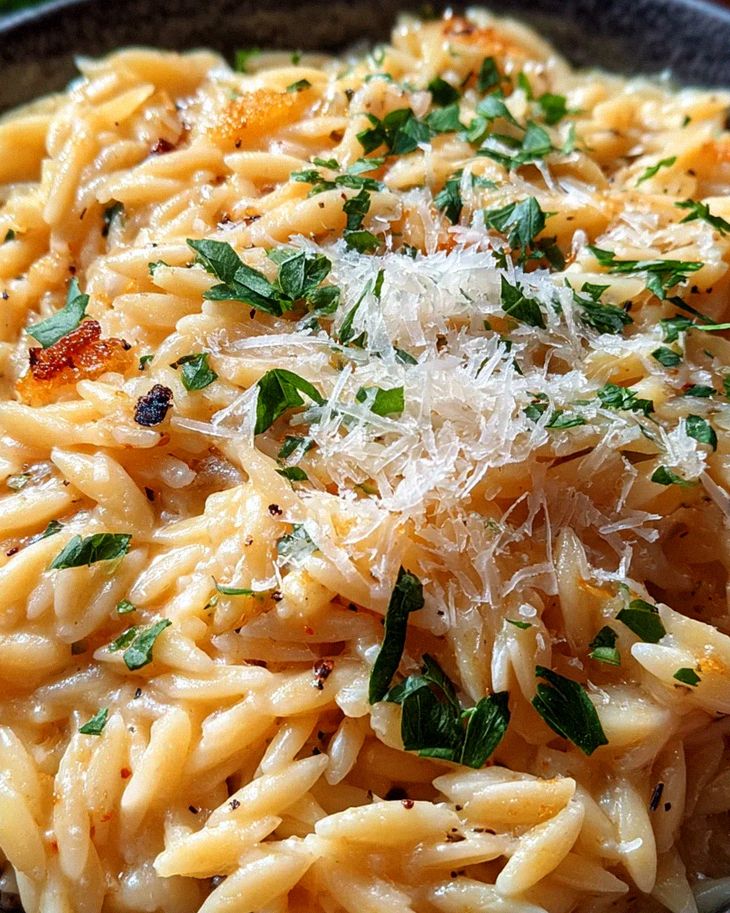 Cremige Orzo-Nudeln mit Knoblauch und Parmesan
