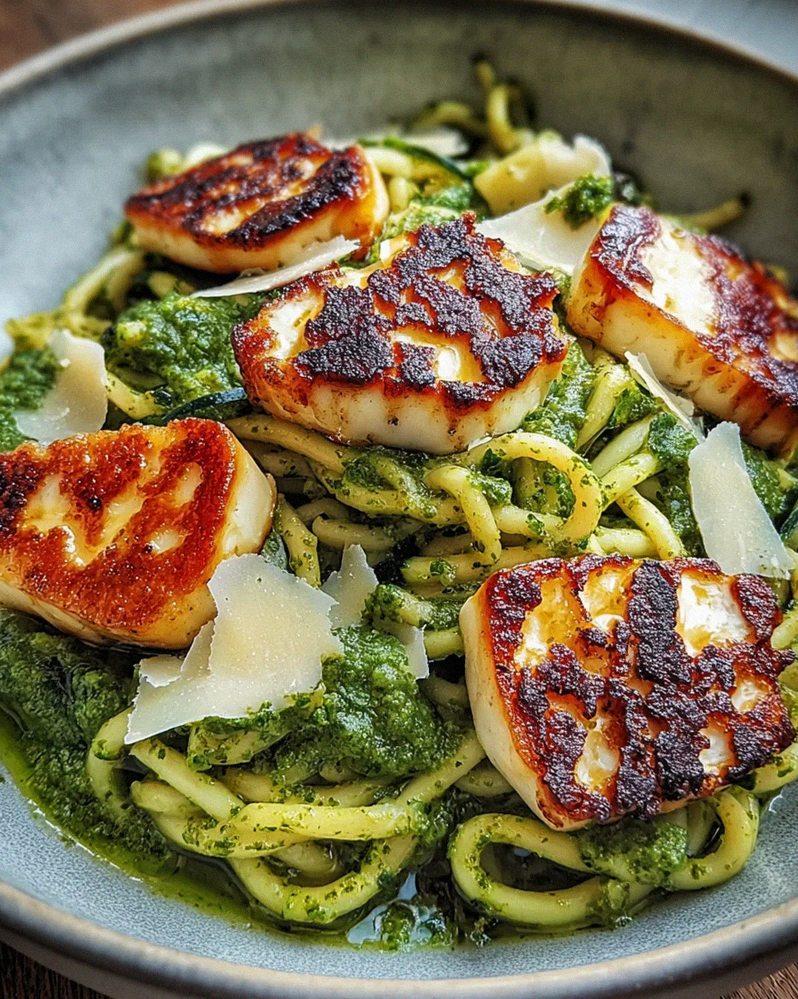 Halloumi mit Zucchini-Pesto-Nudeln