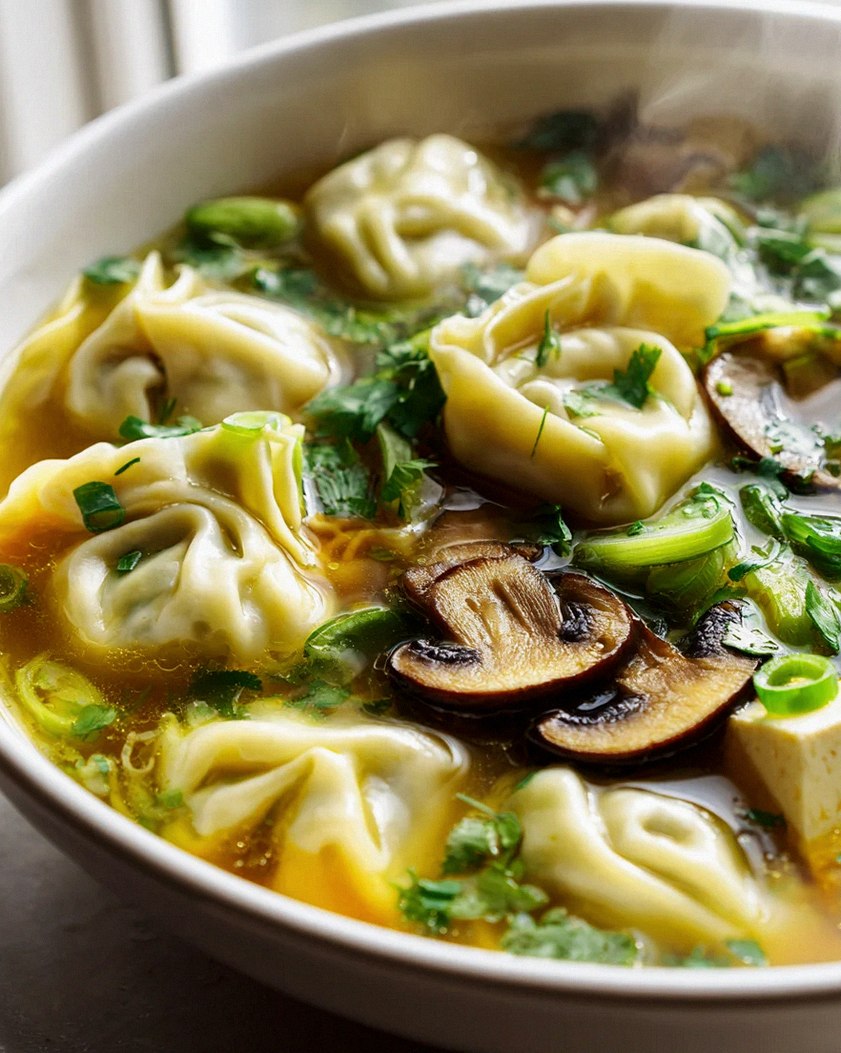 Herzhafte Vegane Dumpling Suppe mit Tofu & Pilzen Rezept