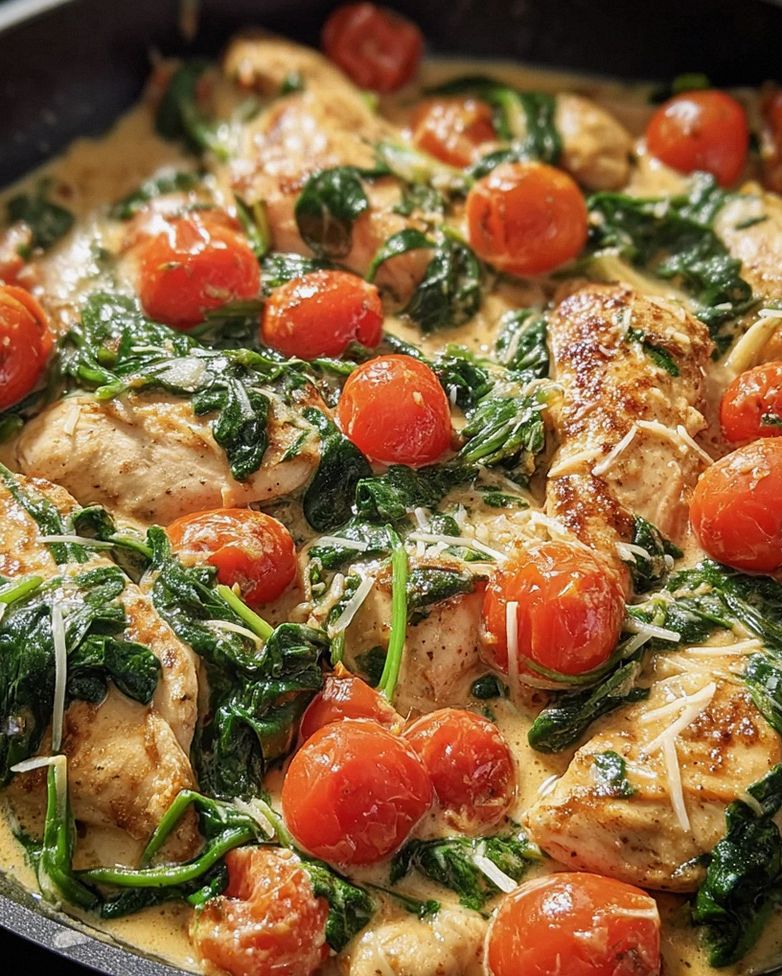 Keto Hähnchen-Spinat-Tomaten-Pfanne