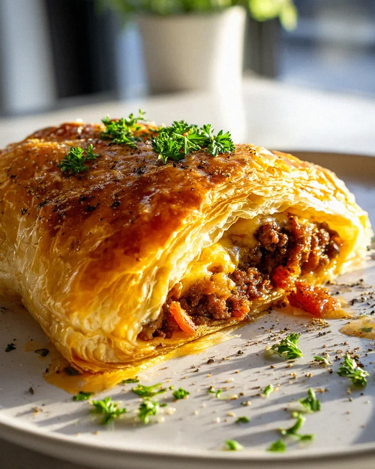 Knusprige Hackfleisch Käse Rolle mit Beef Putenspeck im Blätterteig