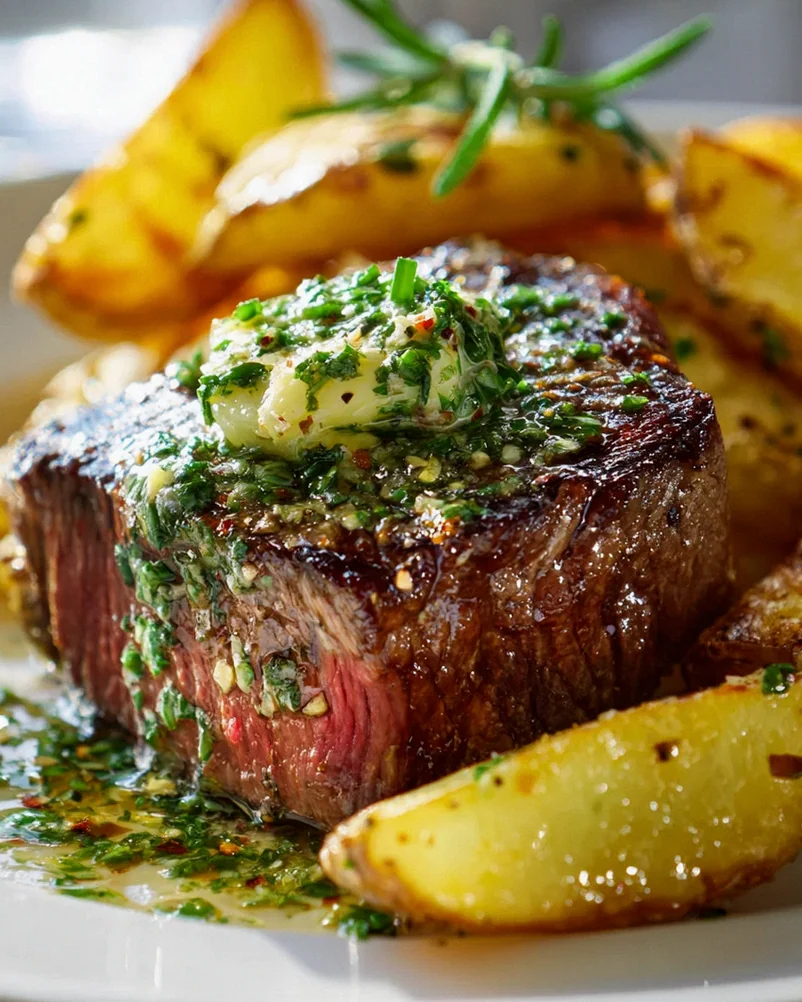 Saftiges Steak mit Kräuterbutter & knusprigen Grillkartoffeln