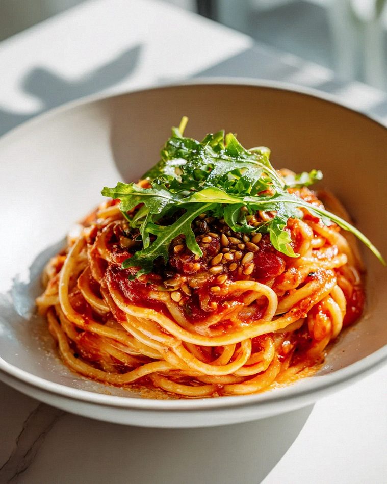Tomaten Pasta Bowl mit Rucola und Pinienkernen - Lecker genießen!