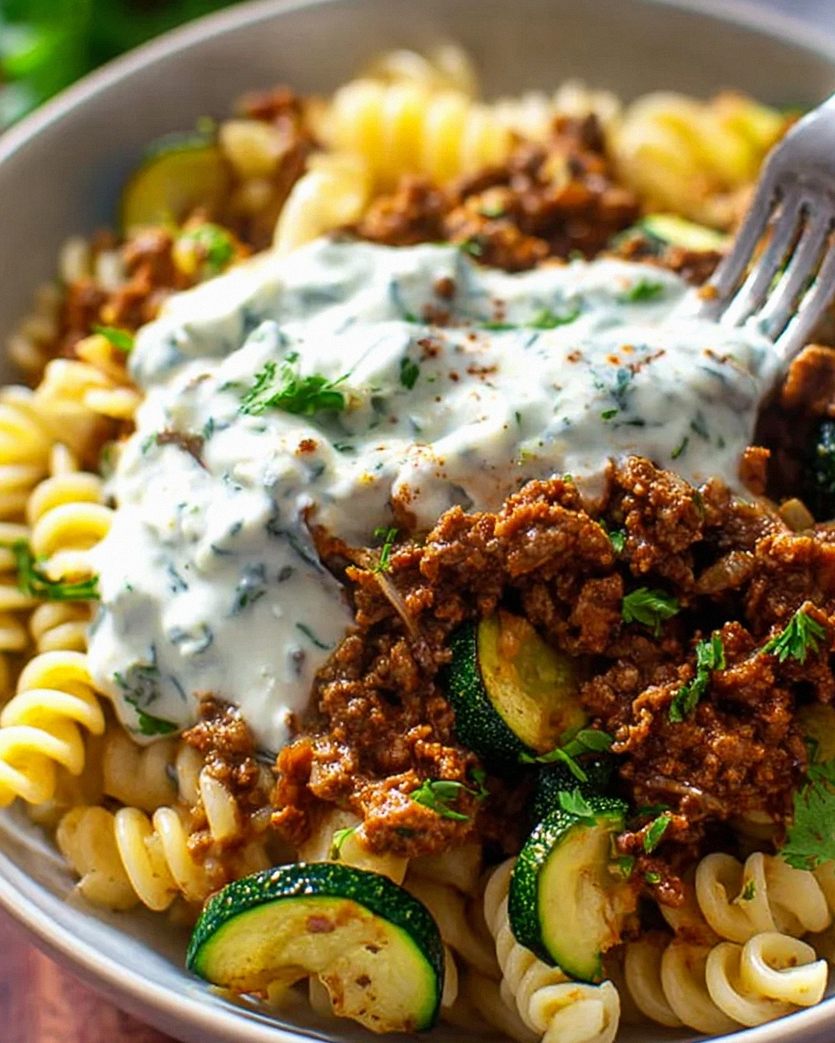 Türkische Pasta mit Hackfleisch und Joghurt-Sauce